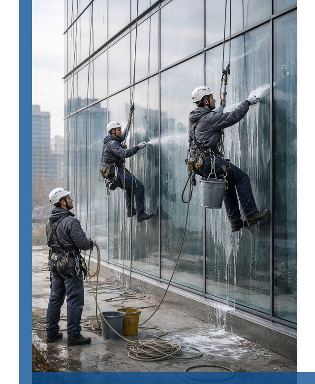 Промышленная мойка панорамных окон на высоте в Сибае