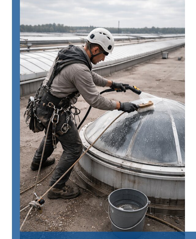 Мойка зенитных фонарей на кровле для промышленных объектов в Сибае