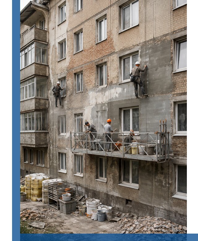 Капитальный ремонт фасада в Сибае с восстановлением и гидроизоляцией