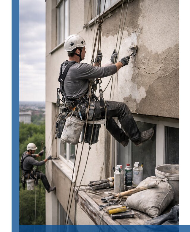 Косметический ремонт фасада зданий в Сибае промышленными альпинистами