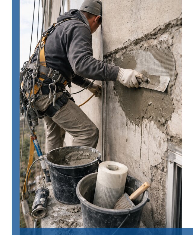 Ремонт бетонных элементов фасада промышленными альпинистами в Сибае