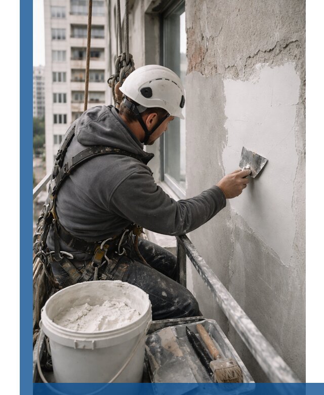 Шпаклевка фасадов на высоте с промальпинистами в Сибае