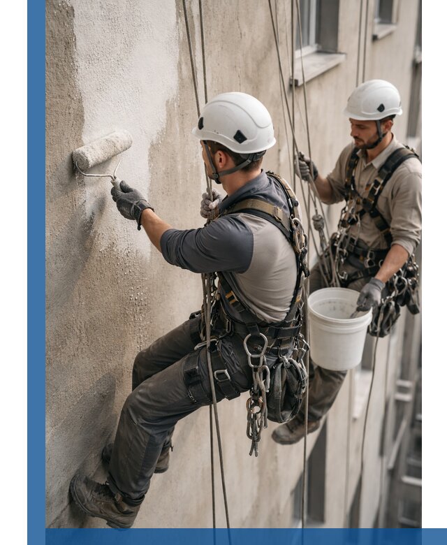 Грунтовка фасада на высоте в Сибае промышленными альпинистами