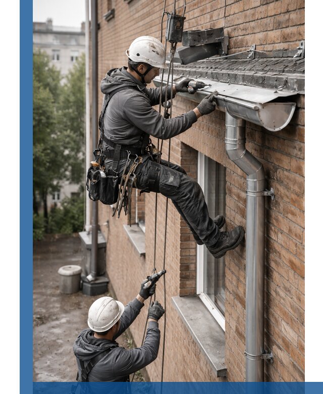 Монтаж водосточной системы на здании в Сибае под ключ