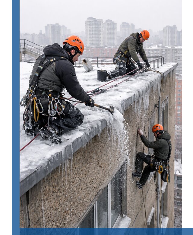 Удаление наледи с кровли в Сибае промышленными альпинистами