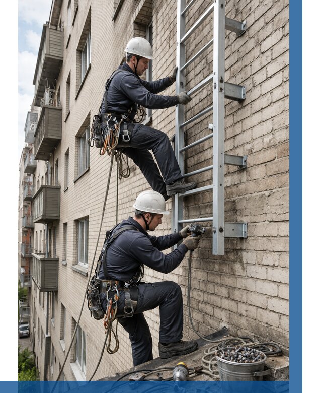 Монтаж пожарной лестницы в Сибае от 25690 р заказать у ВЫСОТНИК-Сба