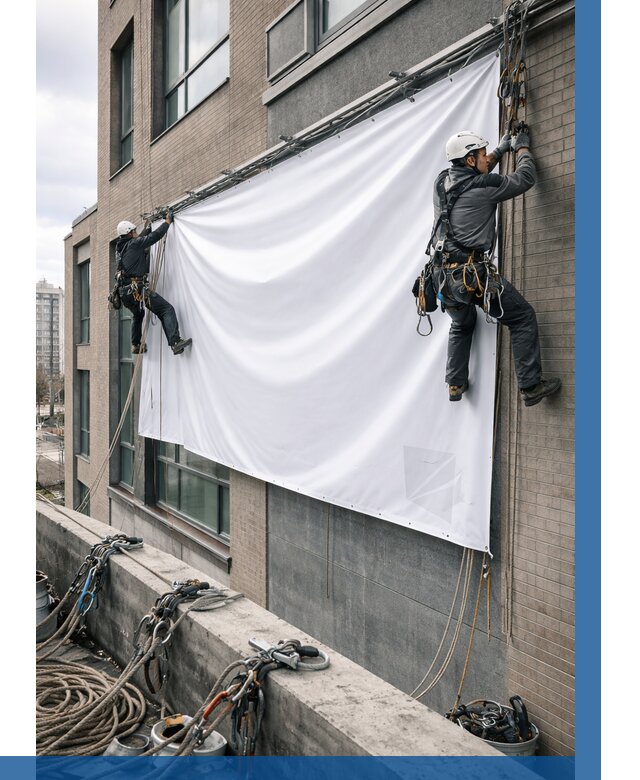 Монтаж баннеров на фасаде в Сибае от 668 р. заказать ВЫСОТНИК-Сба