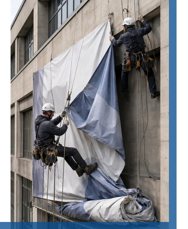 Демонтаж баннеров с фасада в Сибае от 4624 р. | ВЫСОТНИК-Сба