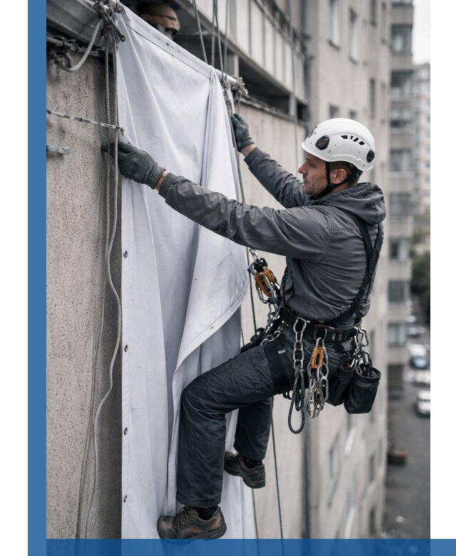 Замена баннерного полотна промышленными альпинистами в Сибае