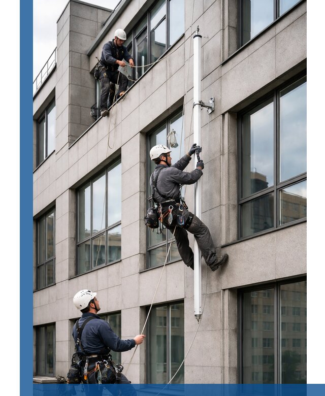 Монтаж флагштока на фасаде здания с креплением и герметикой в Сибае