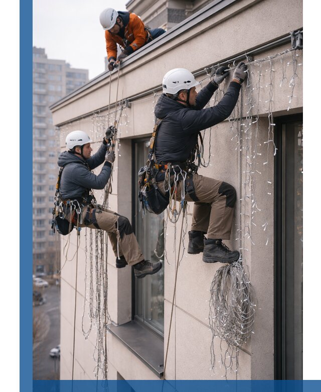 Монтаж праздничных гирлянд на фасаде в Сибае для зданий