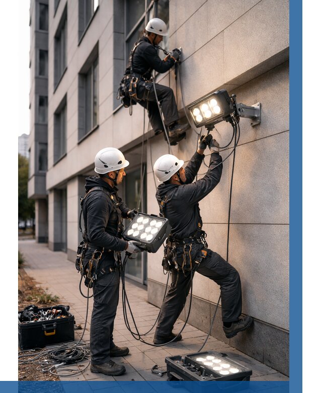 Монтаж прожекторов на фасаде в Сибае от 7707 р. | ВЫСОТНИК-Сба