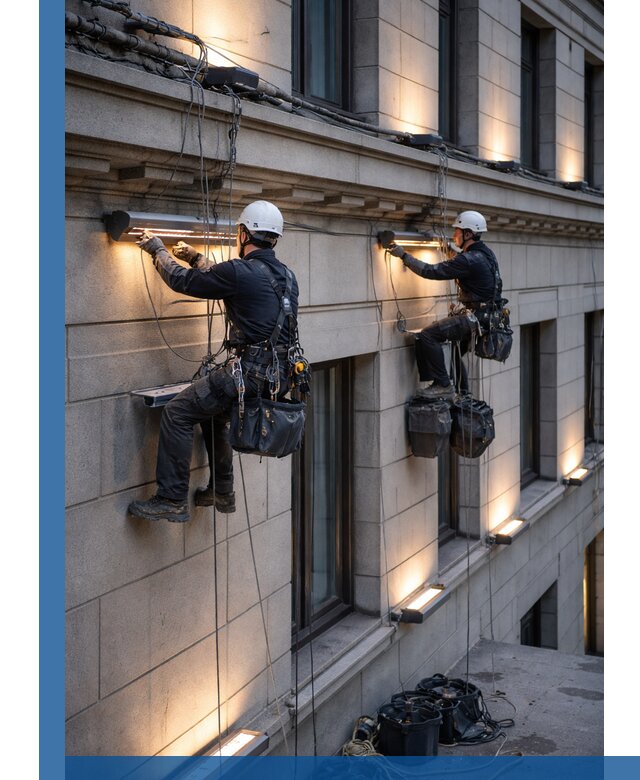 Монтаж архитектурной подсветки фасадов зданий в Сибае