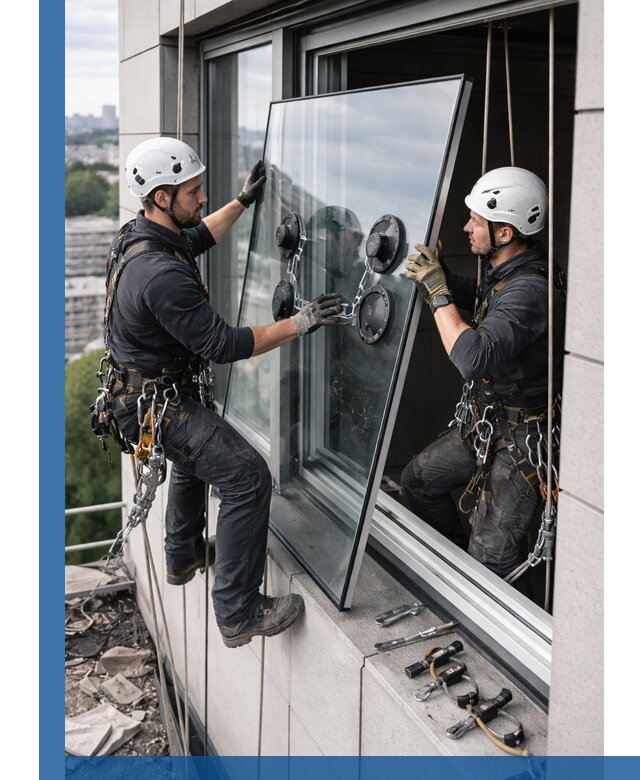 Замена стеклопакетов на высоте с промышленными альпинистами в Сибае
