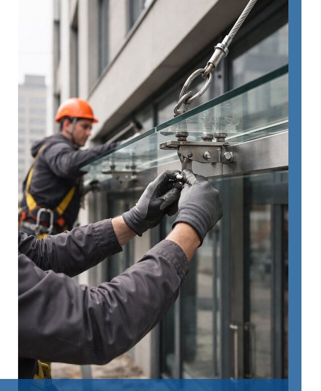 Монтаж стеклянных козырьков в Сибае от 8735 р. | ВЫСОТНИК-Сба