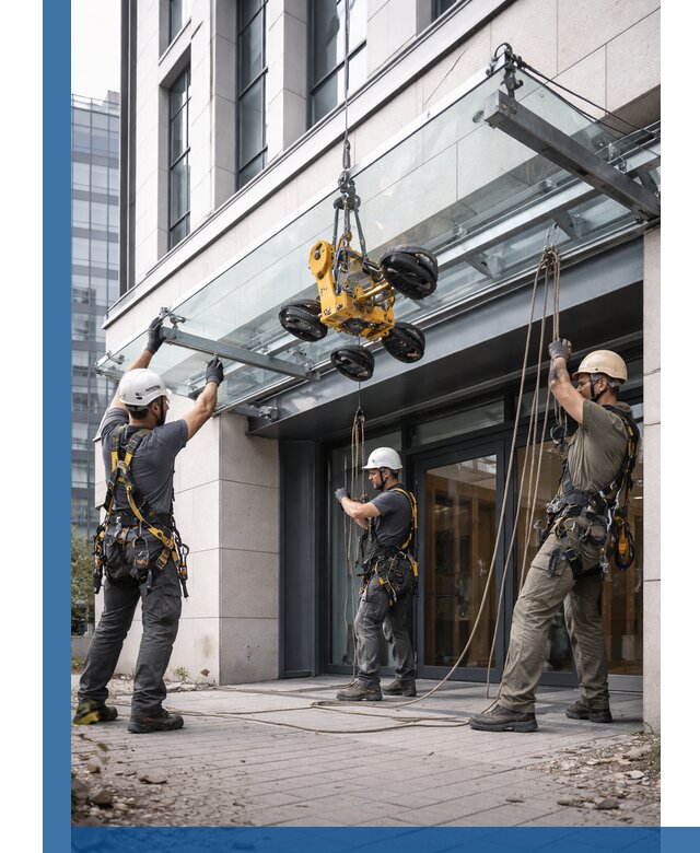 Монтаж стеклянных козырьков под ключ в Сибае для зданий