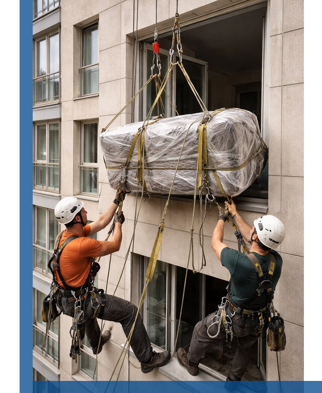 Подъем грузов через окно в Сибае промышленными альпинистами