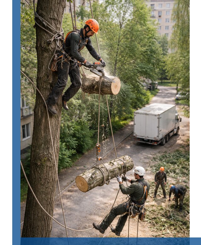 Спил деревьев альпинистами в Сибае, безопасно и без повреждений