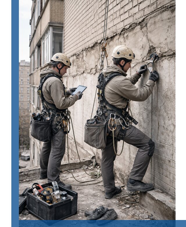 Обследование фасада промышленными альпинистами в Сибае